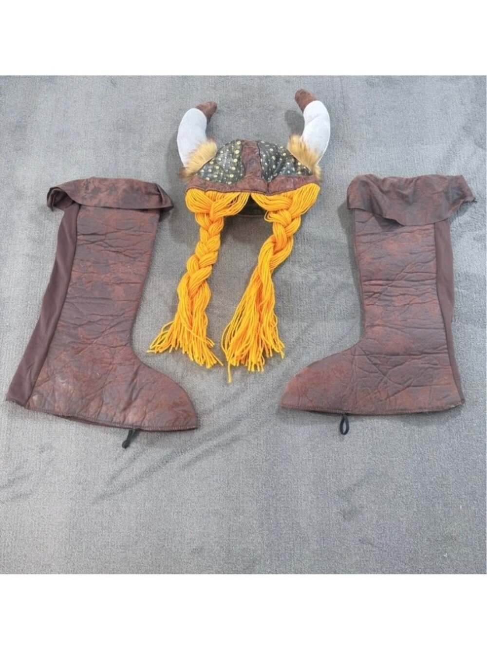 Viking Helmet Hat with Horns Braids & Boot Covers Set Costume Cosplay Renfaire